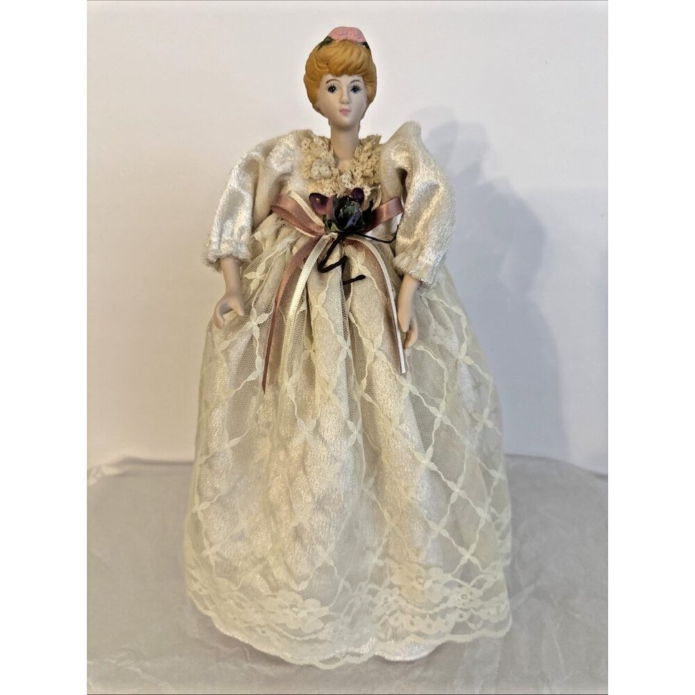 Vintage Victorian Lady Angel Christmas Tree Topper 12” White Lace Dress Ribbons